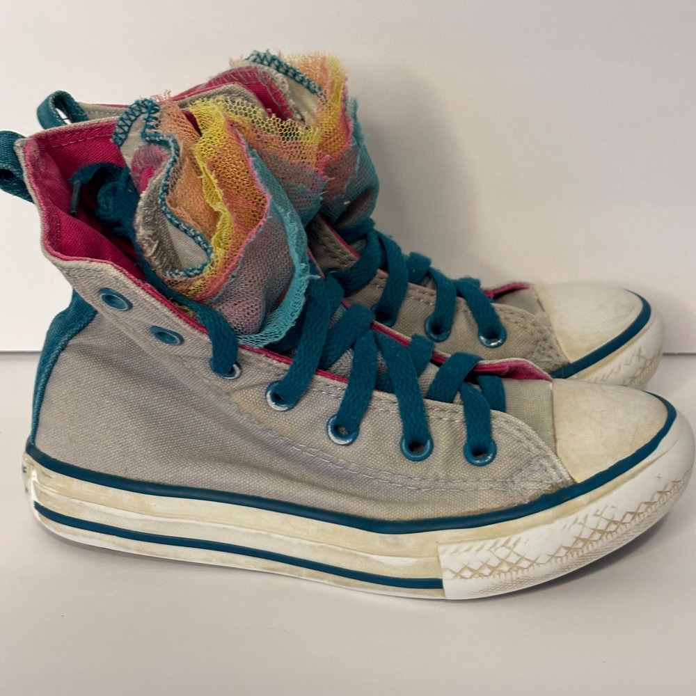 Converse All Star Girls Kids 12 High Top Sneakers Gray Teal Pink Rainbow Tulle - Picture 9 of 10